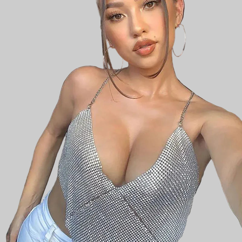 Rhinestone Halter Crop Top - Backless Metal Camisole for Festival & Stage