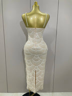 Pearl Beaded Sequin Bodycon Dress | Spaghetti Strap | Stage