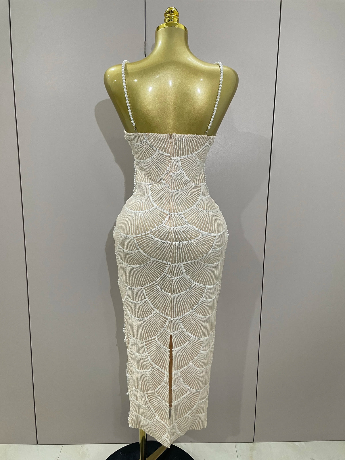 Pearl Beaded Sequin Bodycon Dress | Spaghetti Strap | Stage