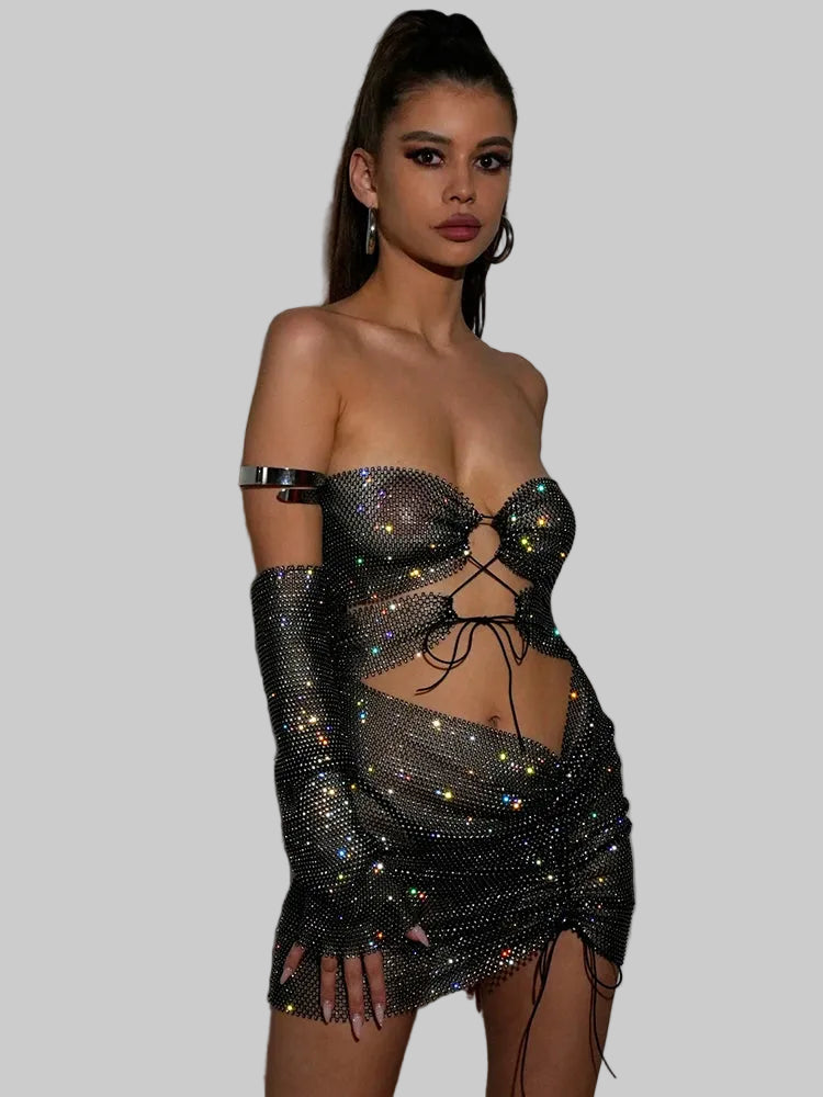 Rhinestone Diamond Two-Piece Set - Strapless Crop Top & Split Mini Skirt
