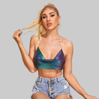 Metallic Glitter Halter Crop Top - Backless Corset Tank