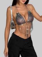 Mesh Fishnet Rhinestone Halter Crop Top - Sheer Backless Tank