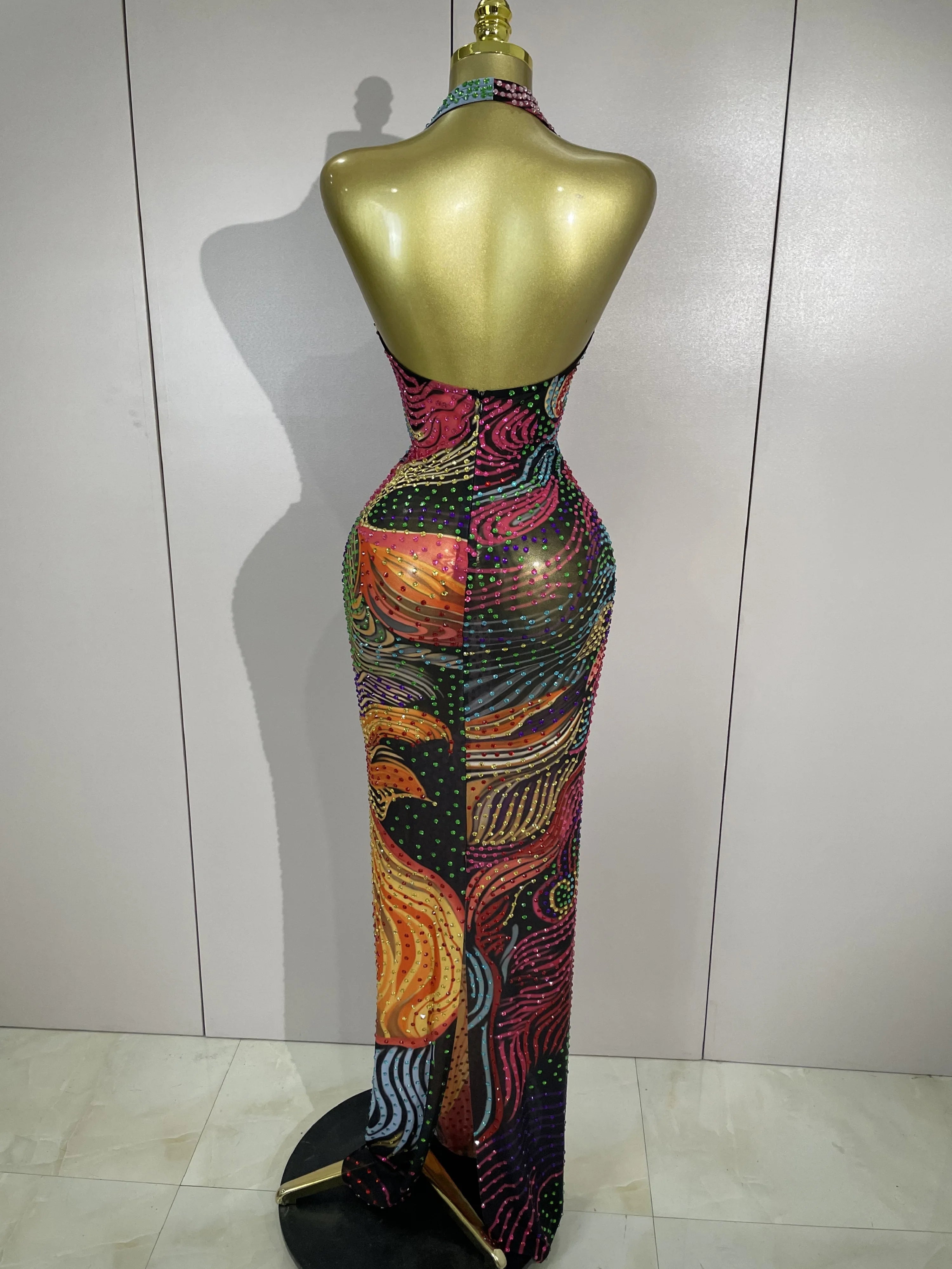 Colorful Rhinestone Halter Maxi Dress | Deep V | Backless
