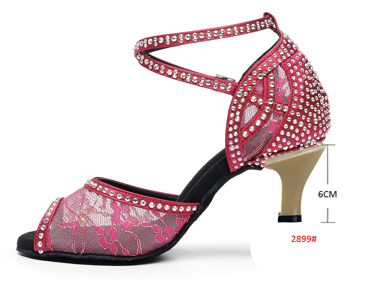 Rhinestone Lace Mesh Latin Dance Heels | Red & Green | 6–10cm
