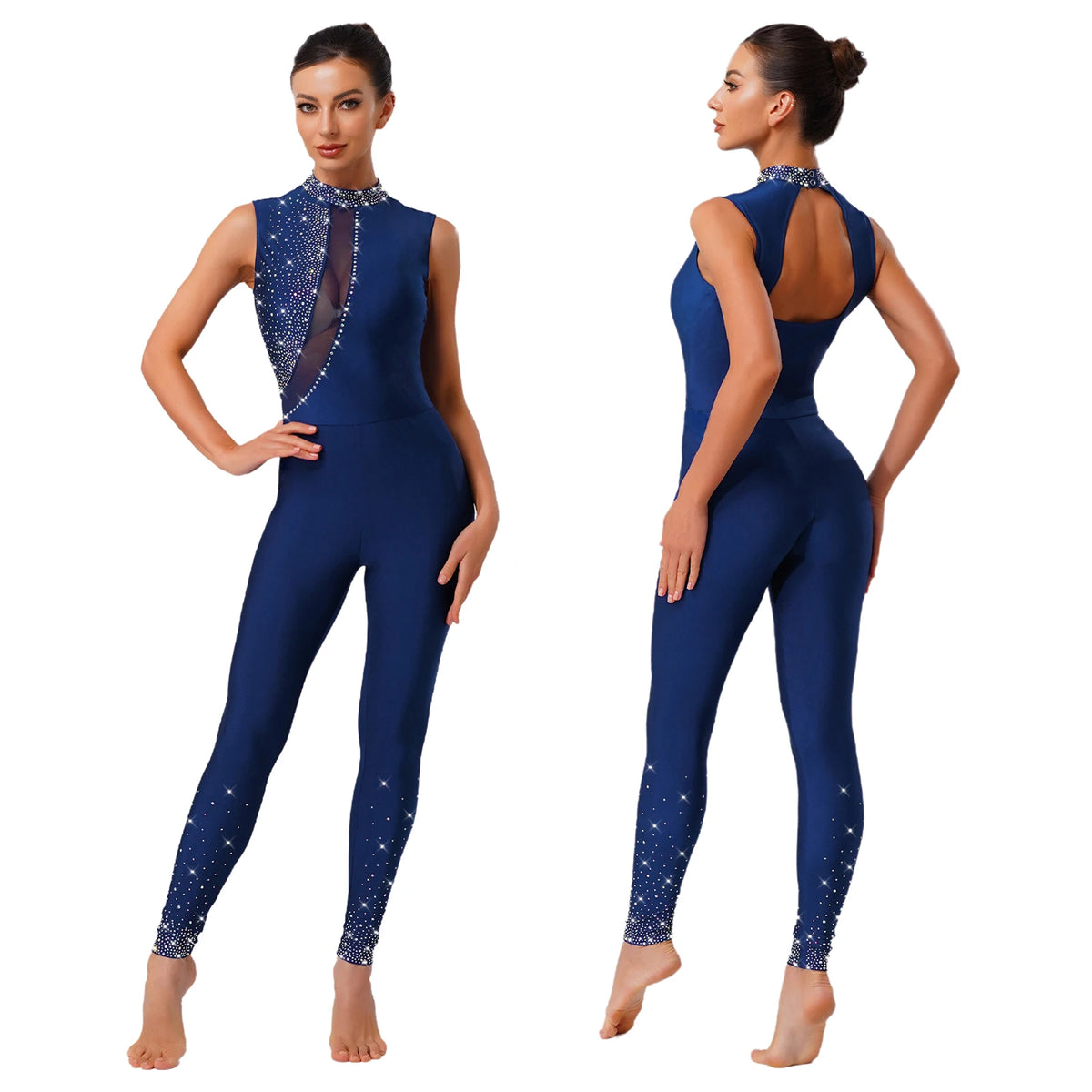 Sleeveless Rhinestone Unitard | Mesh Keyhole Back