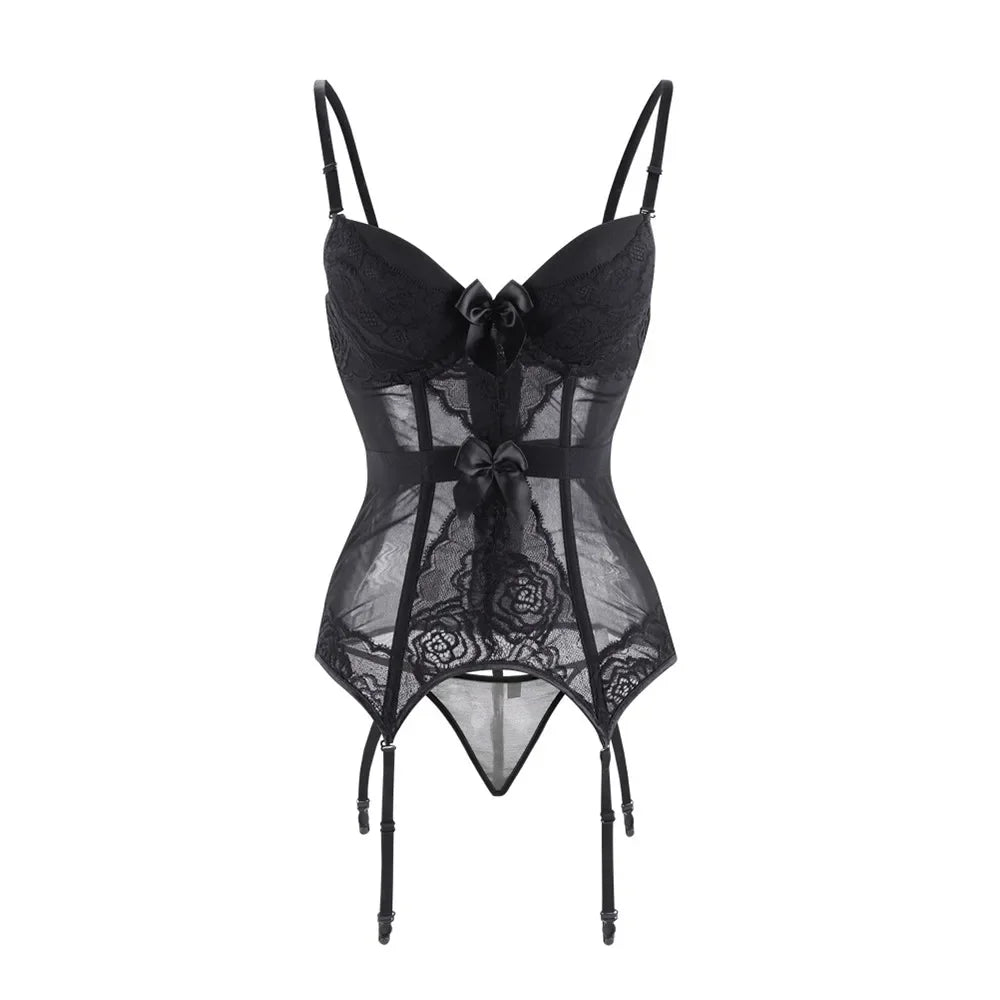 Satin & Mesh Overbust Corset | Underwire | Garter Straps | Burlesque
