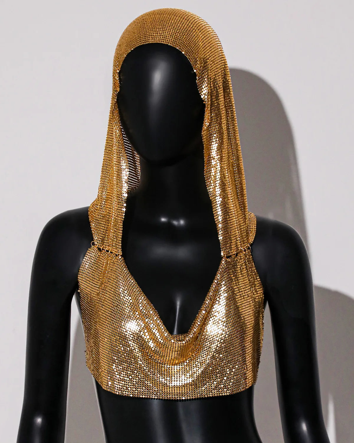Hooded Sequin Crop Top with Deep V-Neck