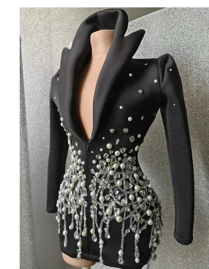 Rhinestone Fringe Blazer Mini Dress | Crystal Tassel | Showgirl | Stage Performance