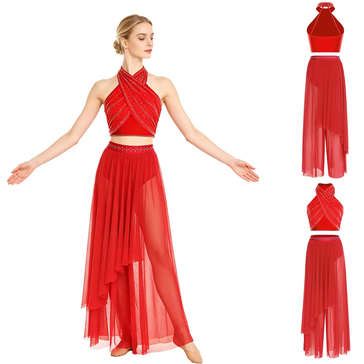 Rhinestone Crop Top & Sheer Pants Set | Lyrical Dance | Built-In Brief