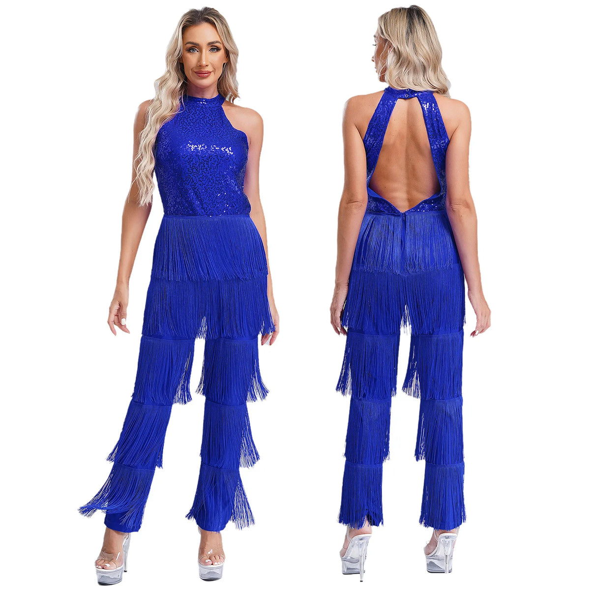Sequin Tassel Jumpsuit | Halter Neck | Latin Dance