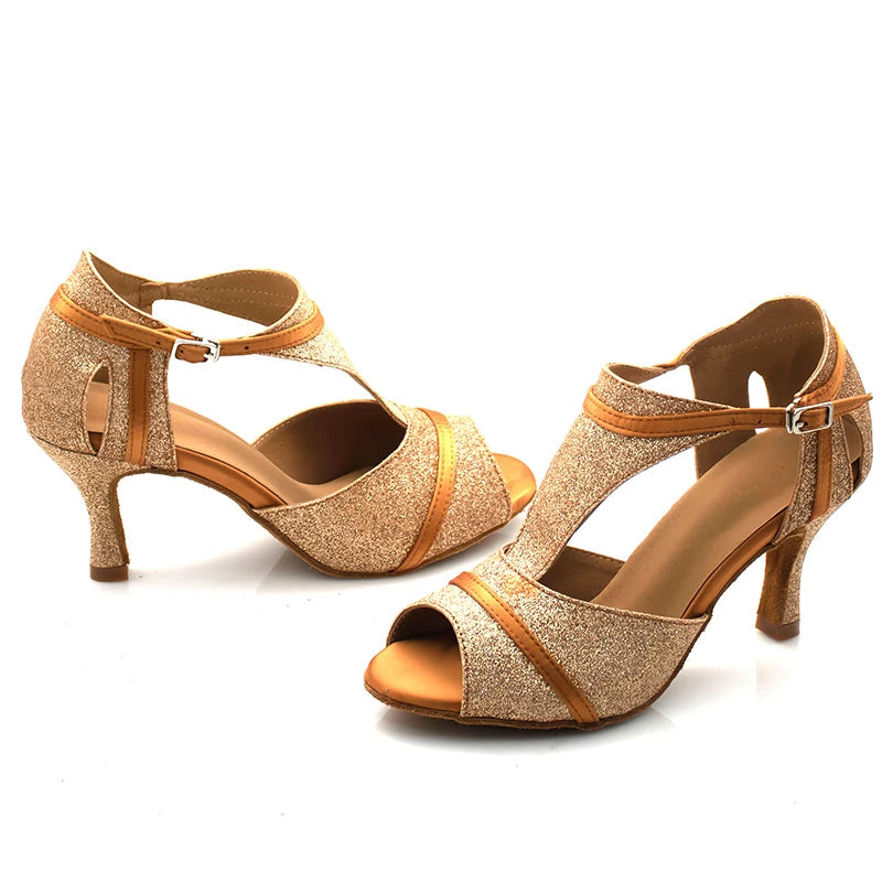 Glitter T-Strap Latin Dance Sandals | Thin Heel | 6–10cm | Nude