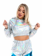 Holographic Crop Hoodie | Metallic Shiny | Drawstring