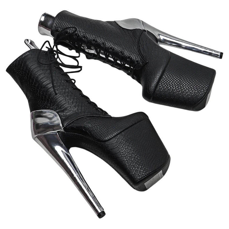 20cm Snakeskin Platform Pole Dance Ankle Boots - 8 Inch High Heels