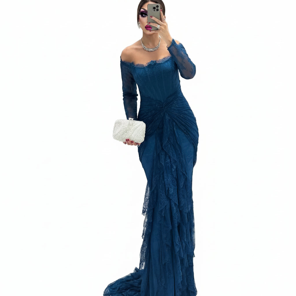 Lace Mermaid Gown | Off-Shoulder Long Sleeve | 4 Colors