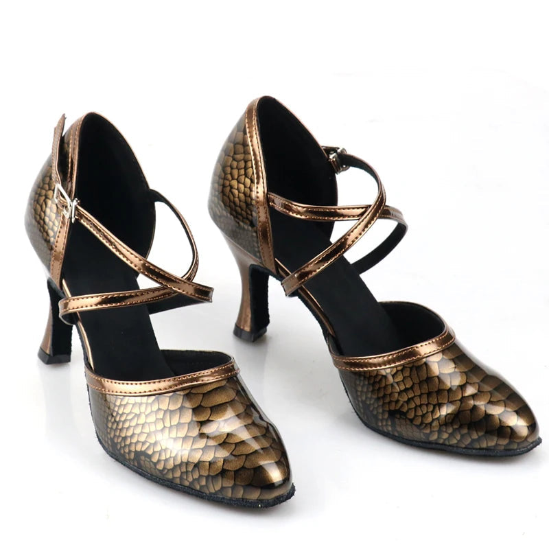 Rhinestone Snakeskin Latin Dance Court Shoe | Cuban Heel | 5–8.5cm