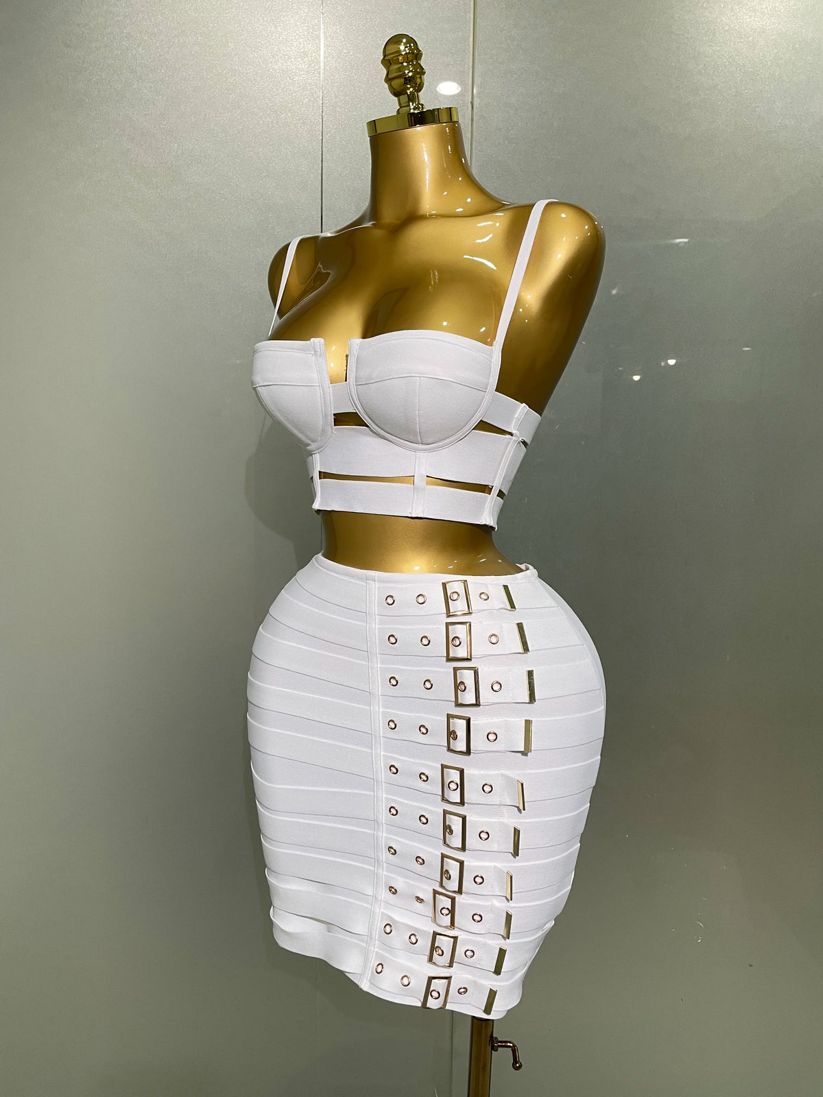 Bandage Two-Piece Set | Crop Top & Pencil Skirt | Gold Hardware