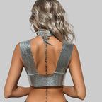 Sequin Choker Crop Top - Backless V-Neck Performance Cami