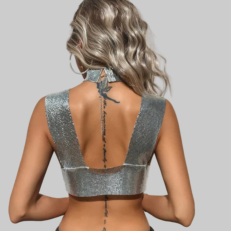 Sequin Choker Crop Top - Backless V-Neck Performance Cami