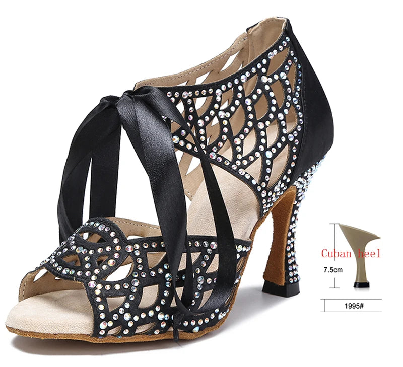 Cut-Out Lace-Up Latin Dance Sandals | Cuban Heel | 6–10cm | White, Black & Nude