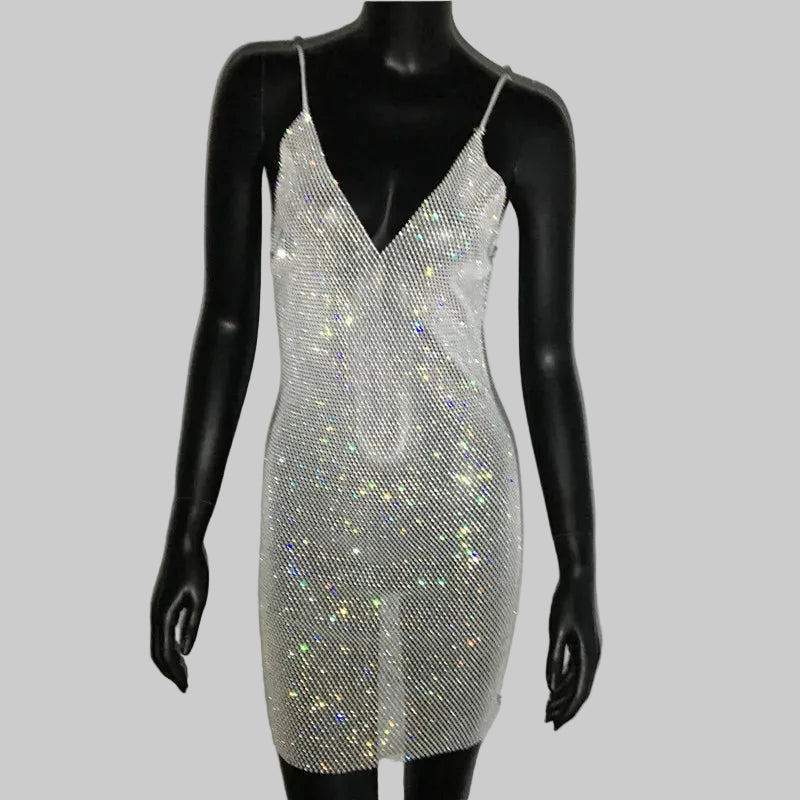 Diamond Fishnet Mini Dress - Sheer V-Neck Backless Dress
