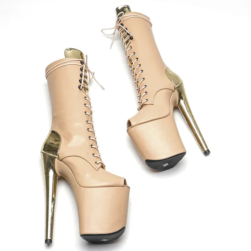 20CM Platform Ankle Boots - Mixed Finish Open Toe High Heel Pole Dance Boots