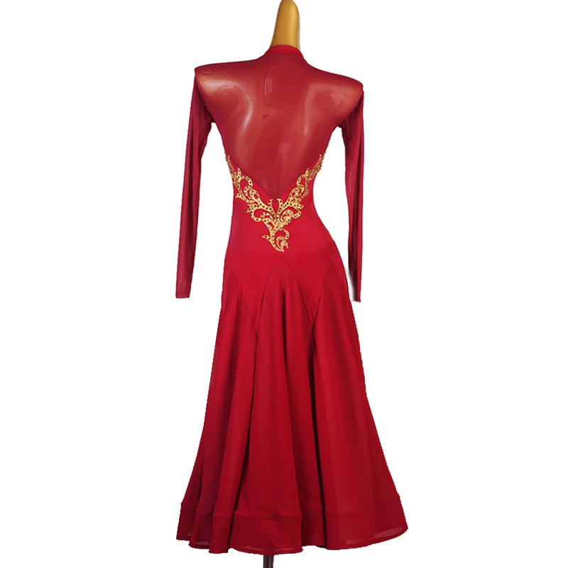 Red Ballroom Dance Dress | Gold Embroidery | XXS-XXL