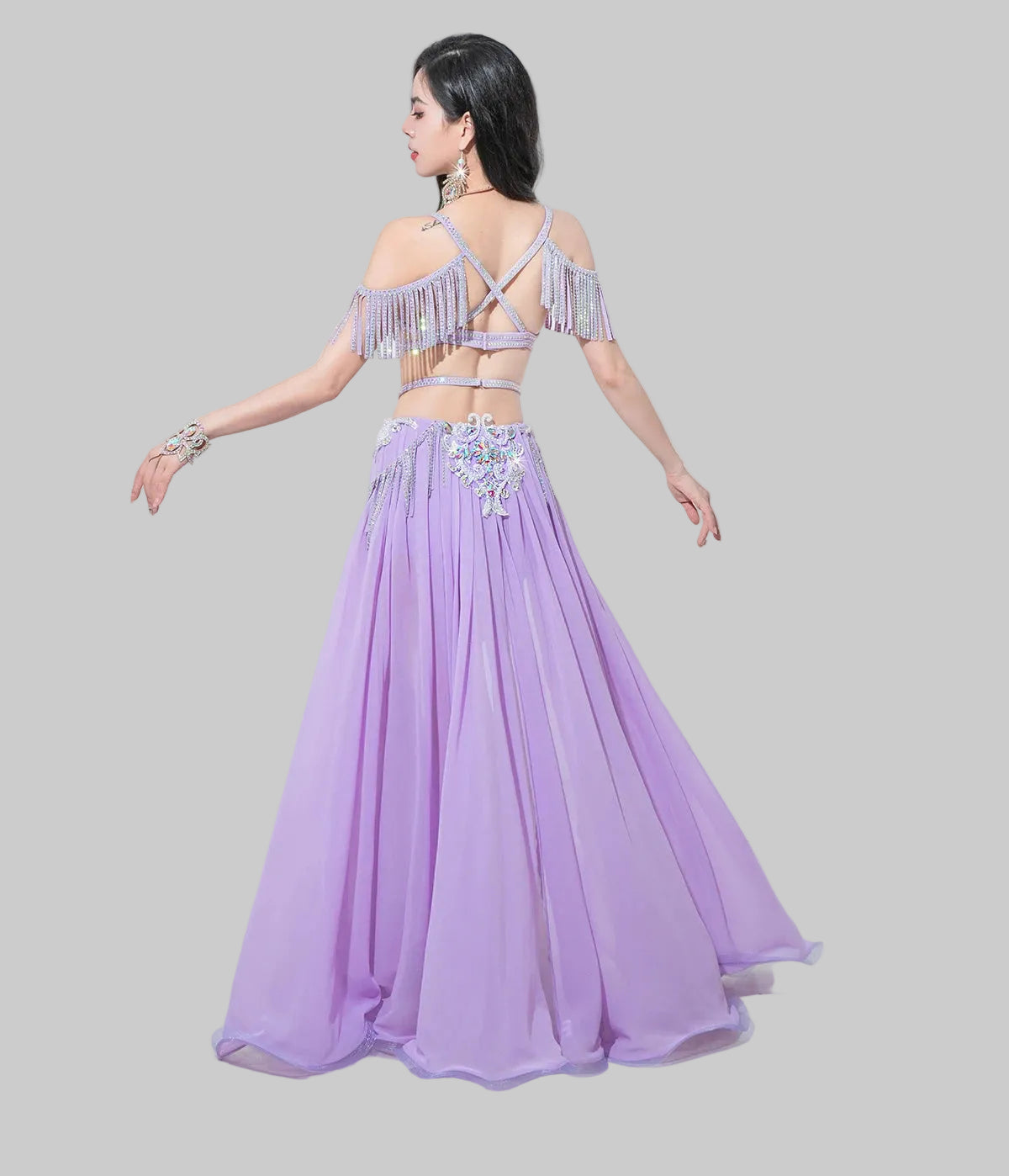 Egyptian Belly Dance Costume - Rhinestone Bra, Skirt & Long Sleeves Set