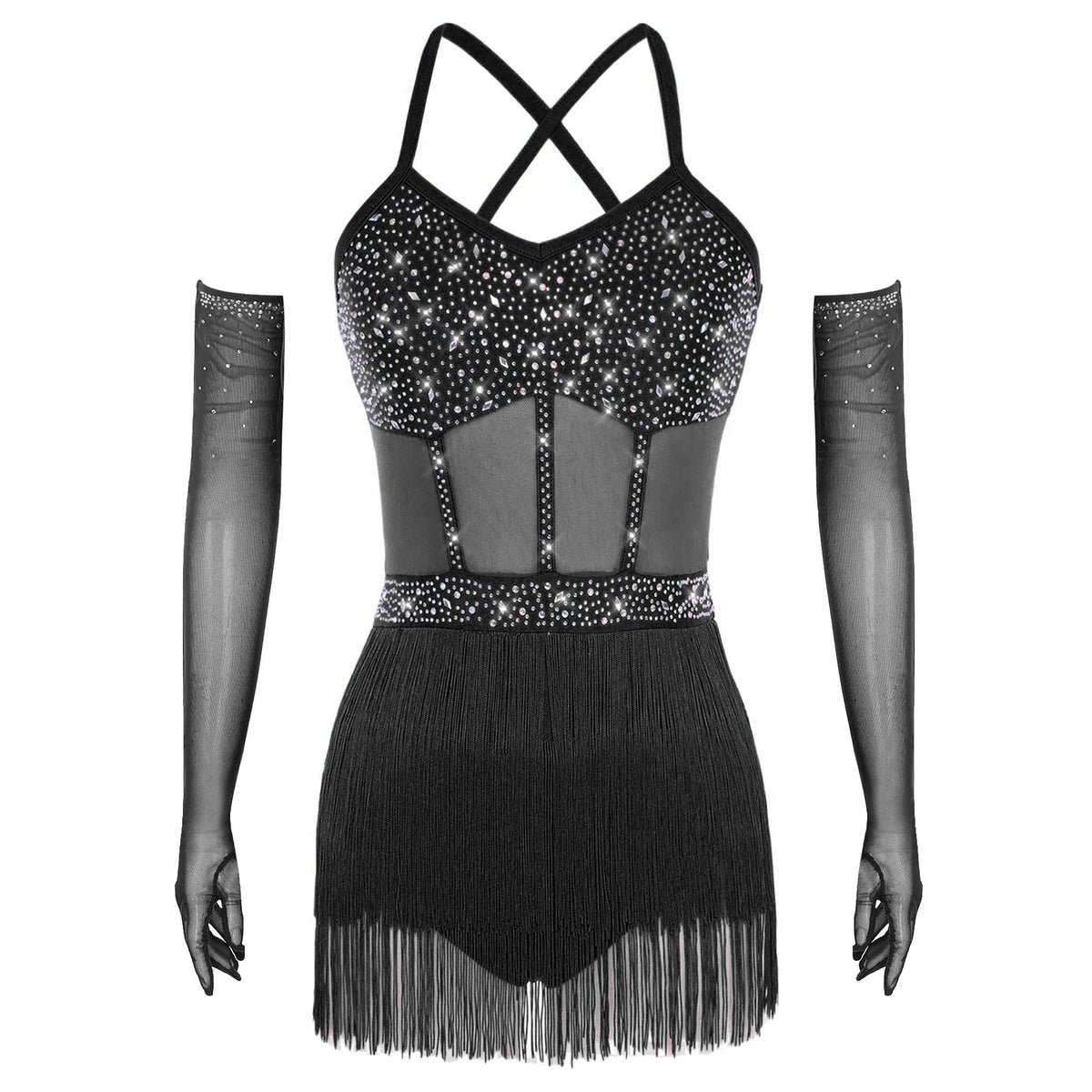 Women's Rhinestone Fringe Latin Dance Dress | Sheer Mesh & Tiered Tassel Skirt | Includes Arm Gloves