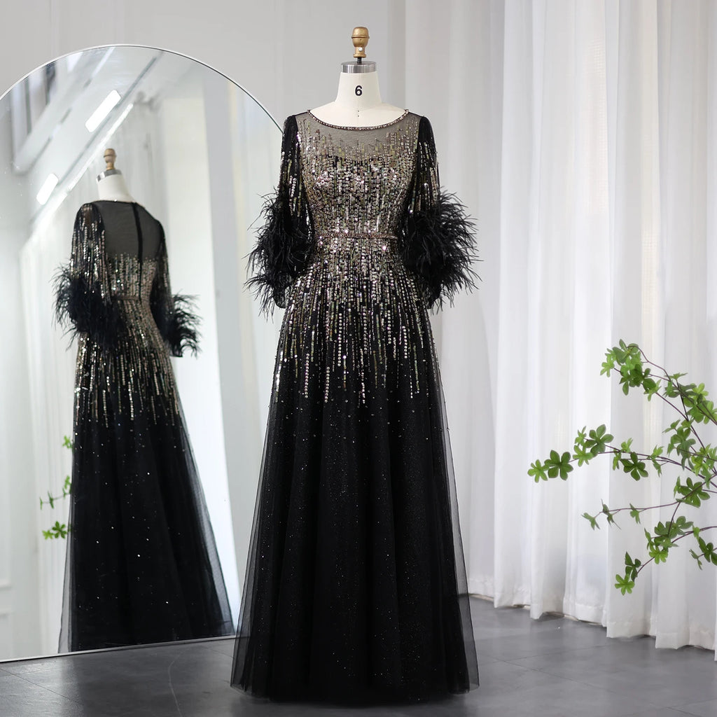 Sequin Feather Cuff Gown | Crystal Beaded | Black & Fuchsia