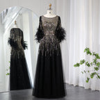 Sequin Feather Cuff Gown | Crystal Beaded | Black & Fuchsia