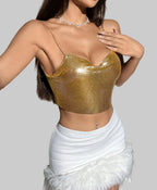 Metallic Sequin Chain Crop Top - Deep V-Neck Backless