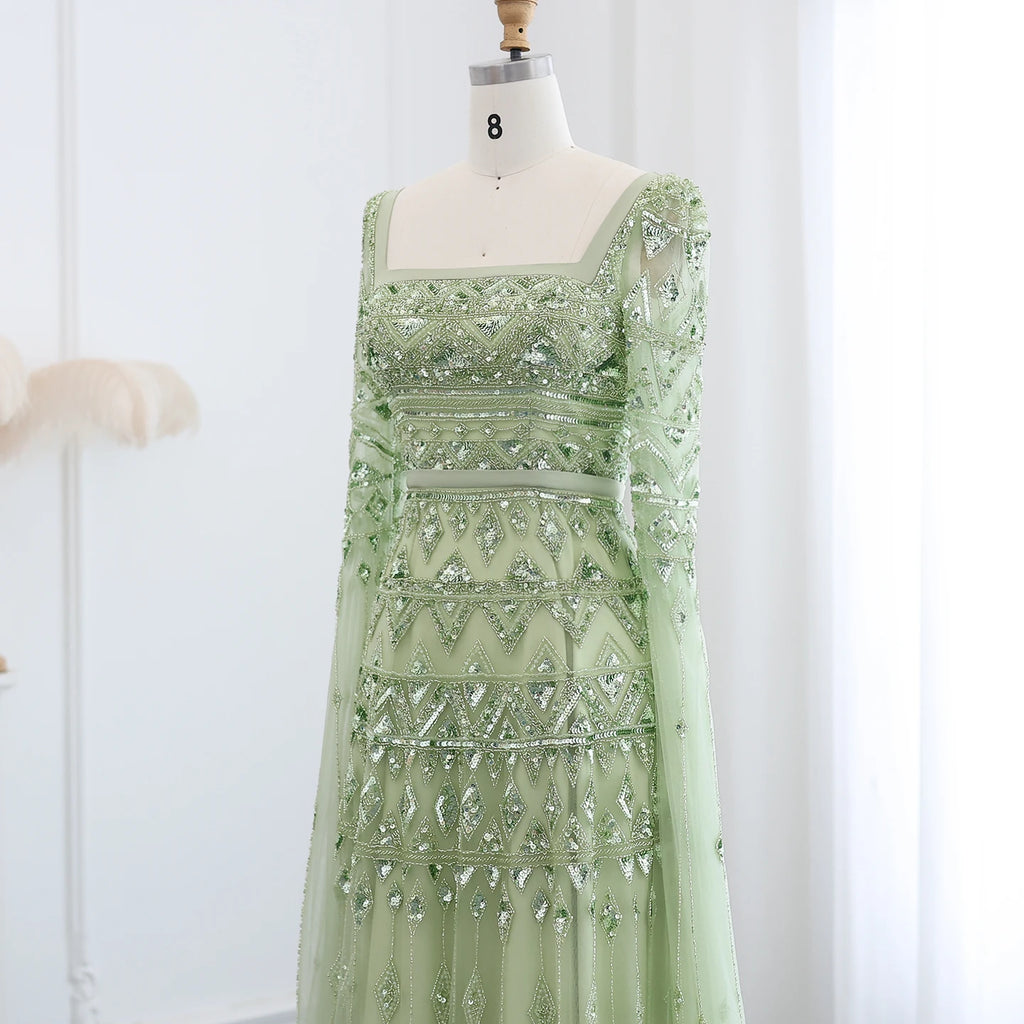 Sequin Beaded A-Line Gown | Square Neck Cap Sleeve | 5 Colors