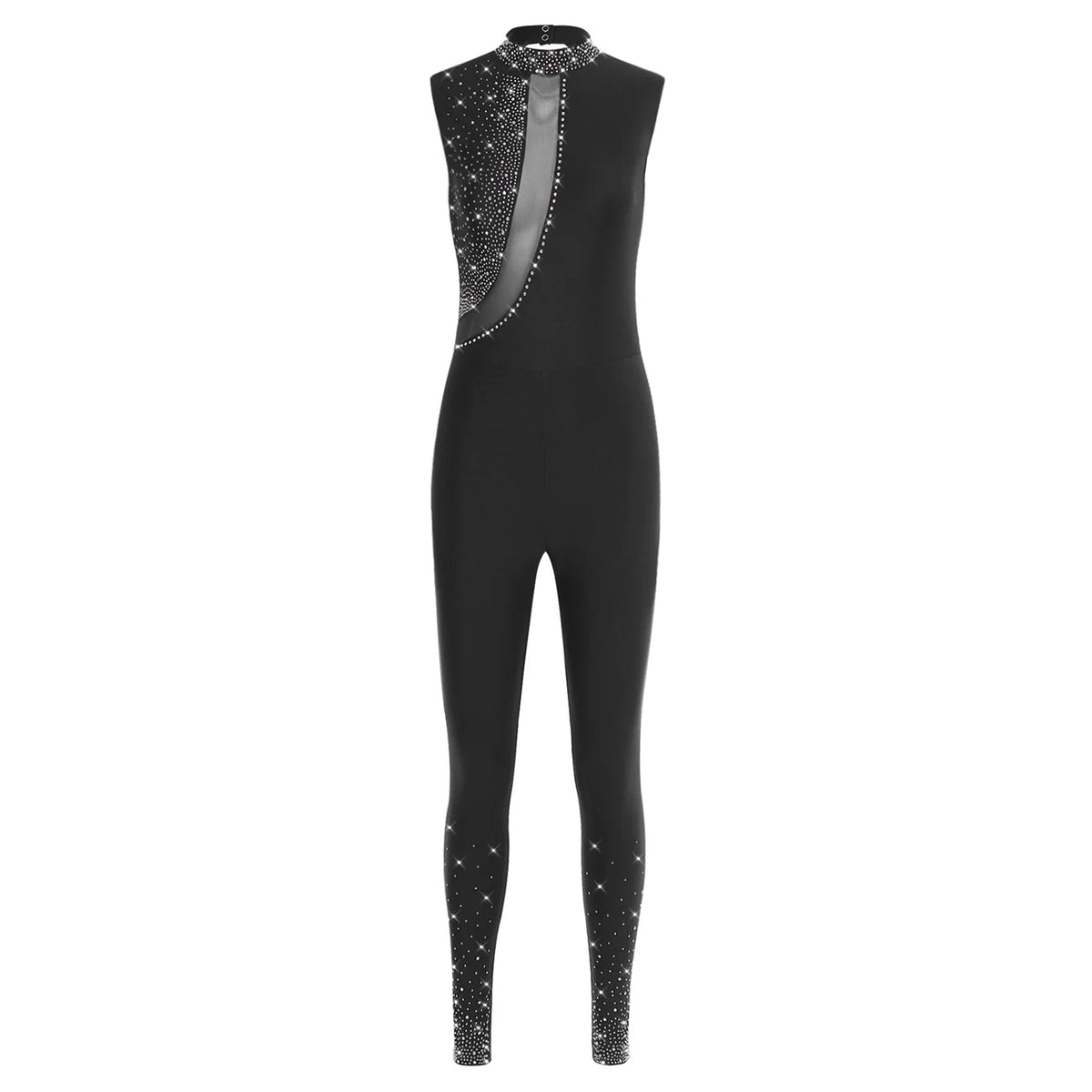 Women's Rhinestone Gymnastics Unitard | Mesh Patchwork & Asymmetric Shoulder | Performance Jumpsuit