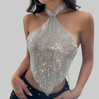 Metallic Sequin Off-Shoulder Halter Top