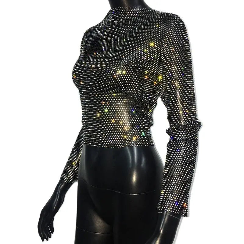Rhinestone Fishnet Mesh Long Sleeve Top - Sheer Starlight Party Tee