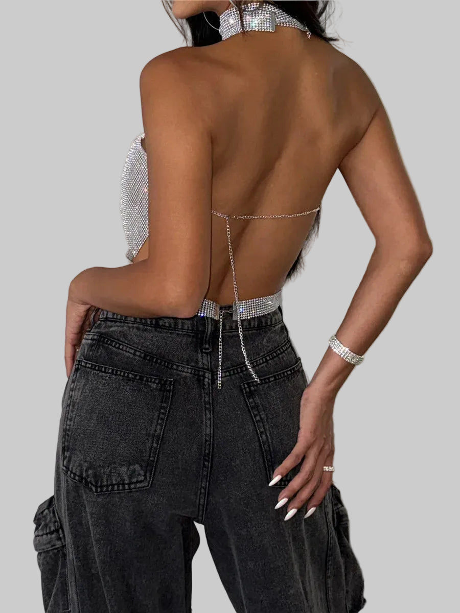 Rhinestone Metal Halter Crop Top - Backless Waist Camisole