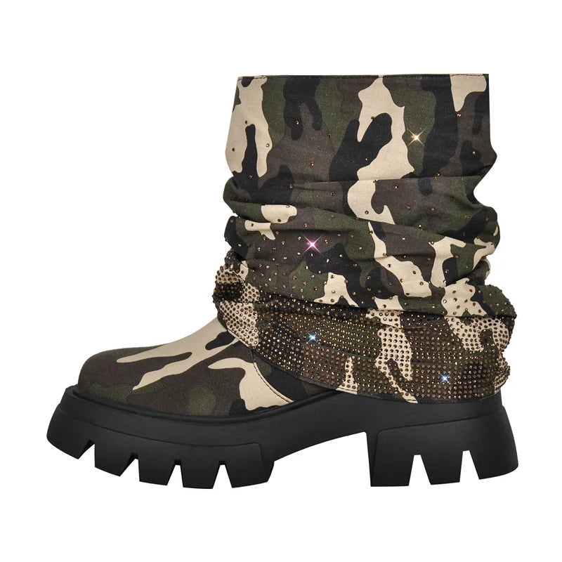 Rhinestone Fold-Over Mid-Calf Boots — Sizes 5 to 15