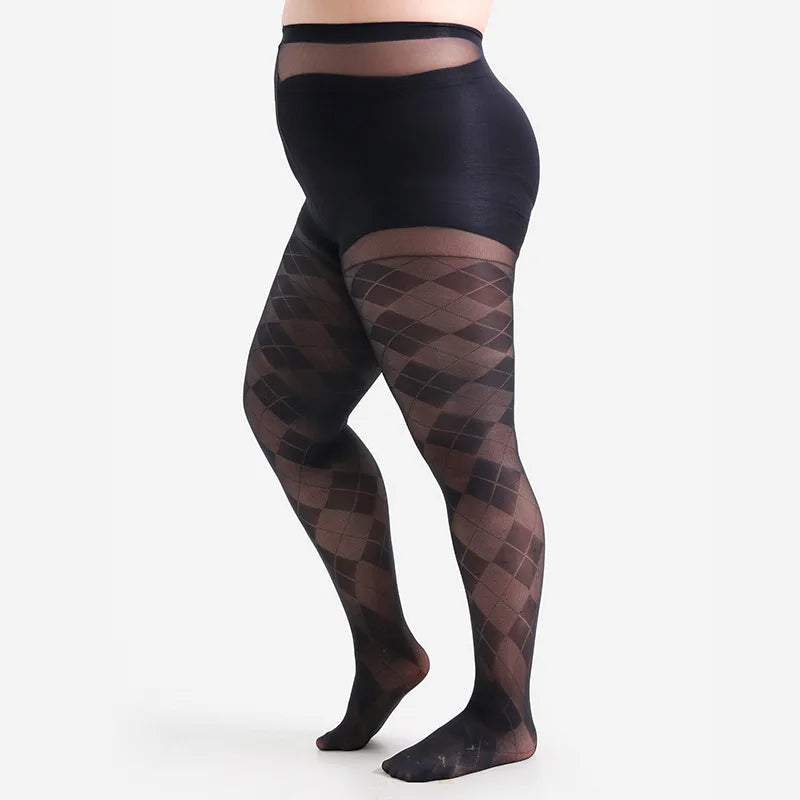 Plus Size Diamond Grid Sheer Tights | 20D High-Waist Pantyhose | 1XL–4XL