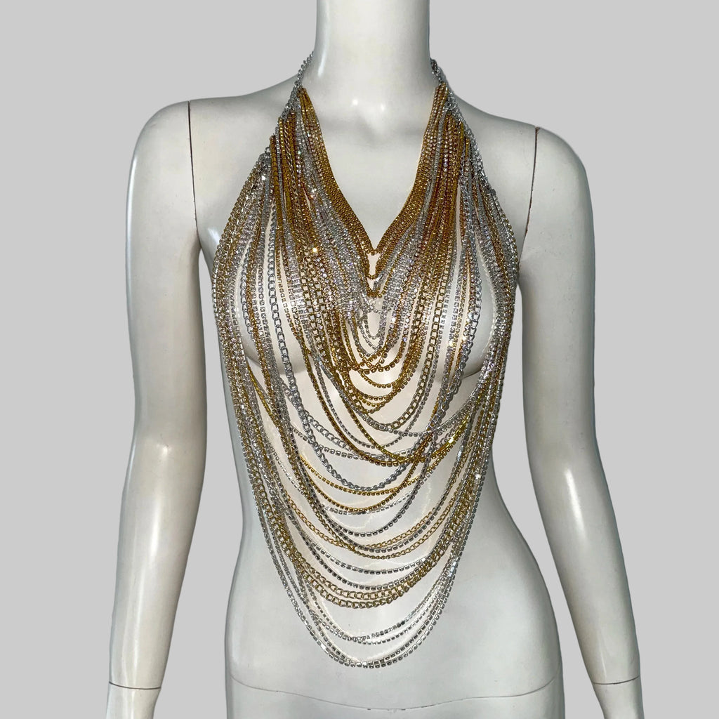 Rhinestone Metal Tassel Chain Crop Top