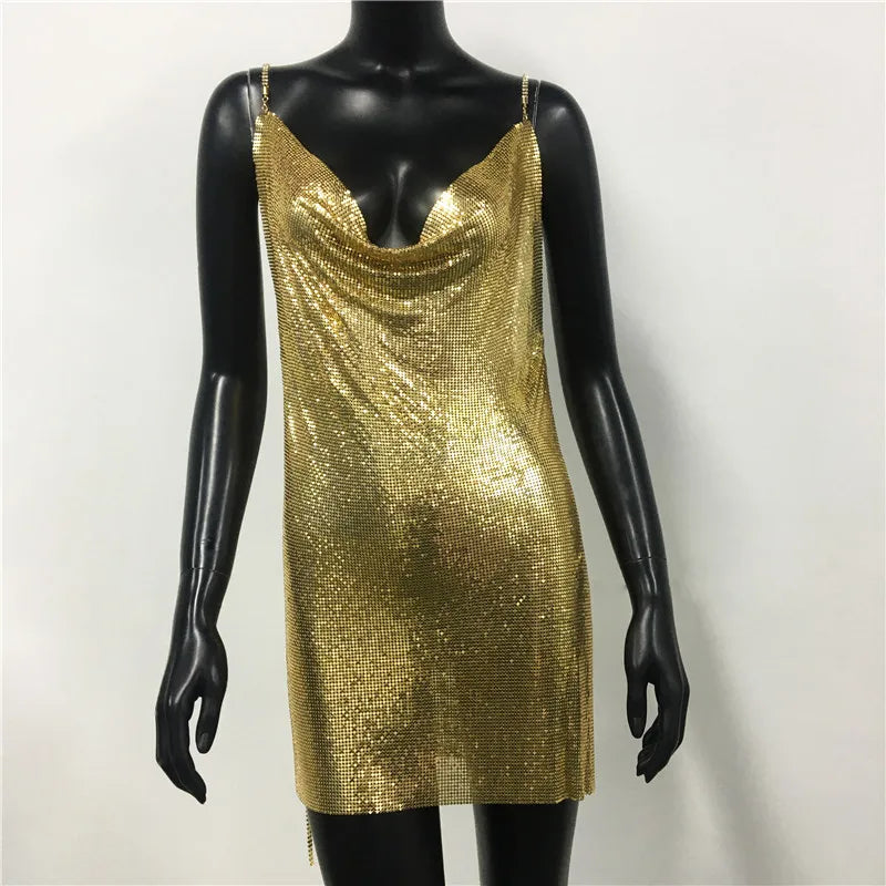 Metal Sequin Chain Mini Dress - Backless Party & Performance Dress