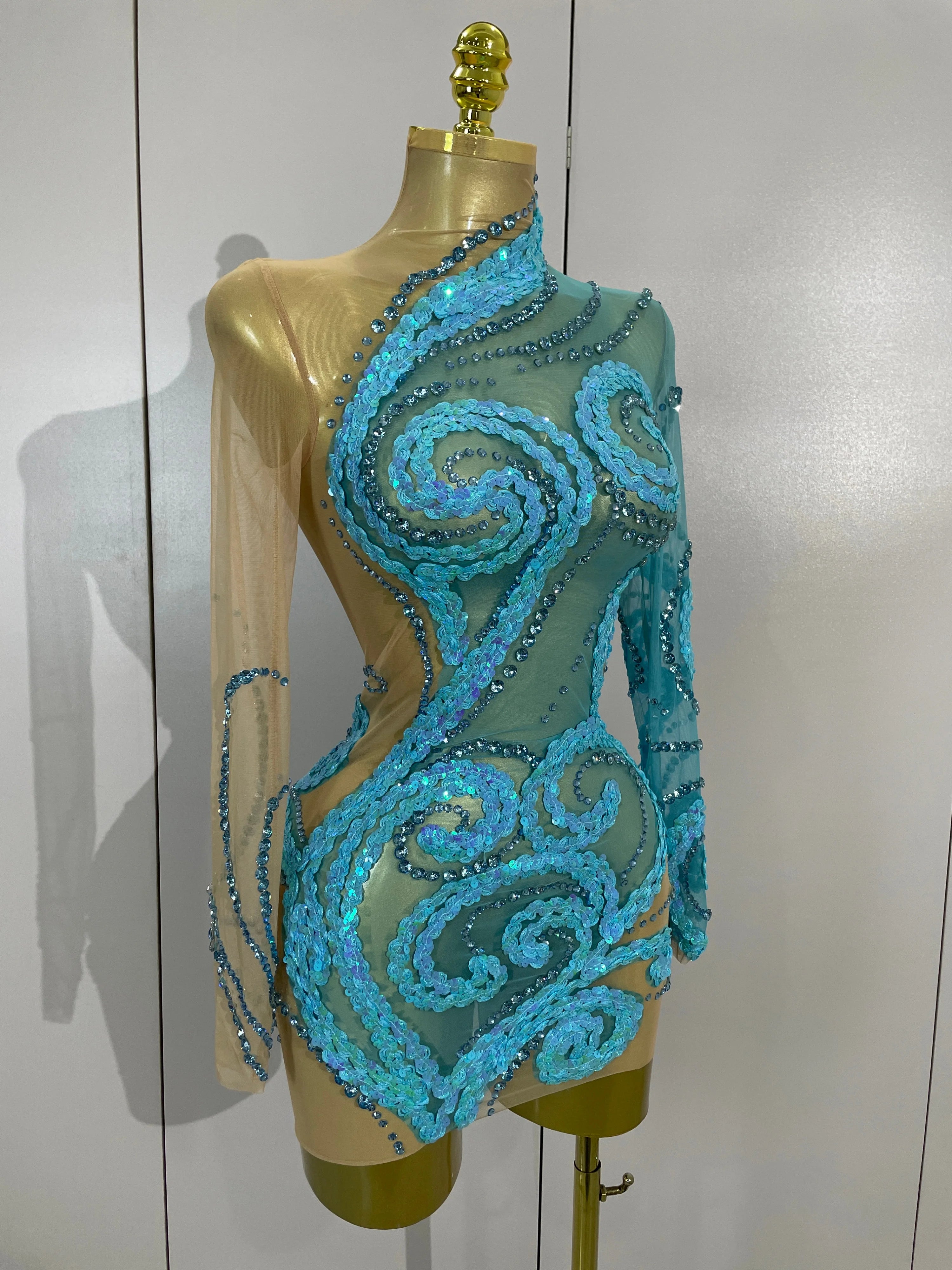 3D Swirl Appliqué Long-Sleeve Mini Dress | Turtleneck | Sky Blue