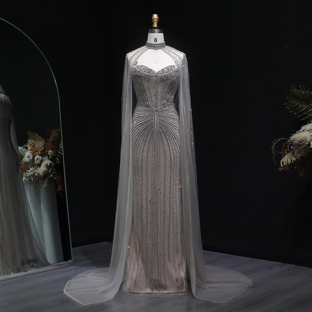 Crystal Mermaid Cape Gown | Beaded Tulle | 4 Colors