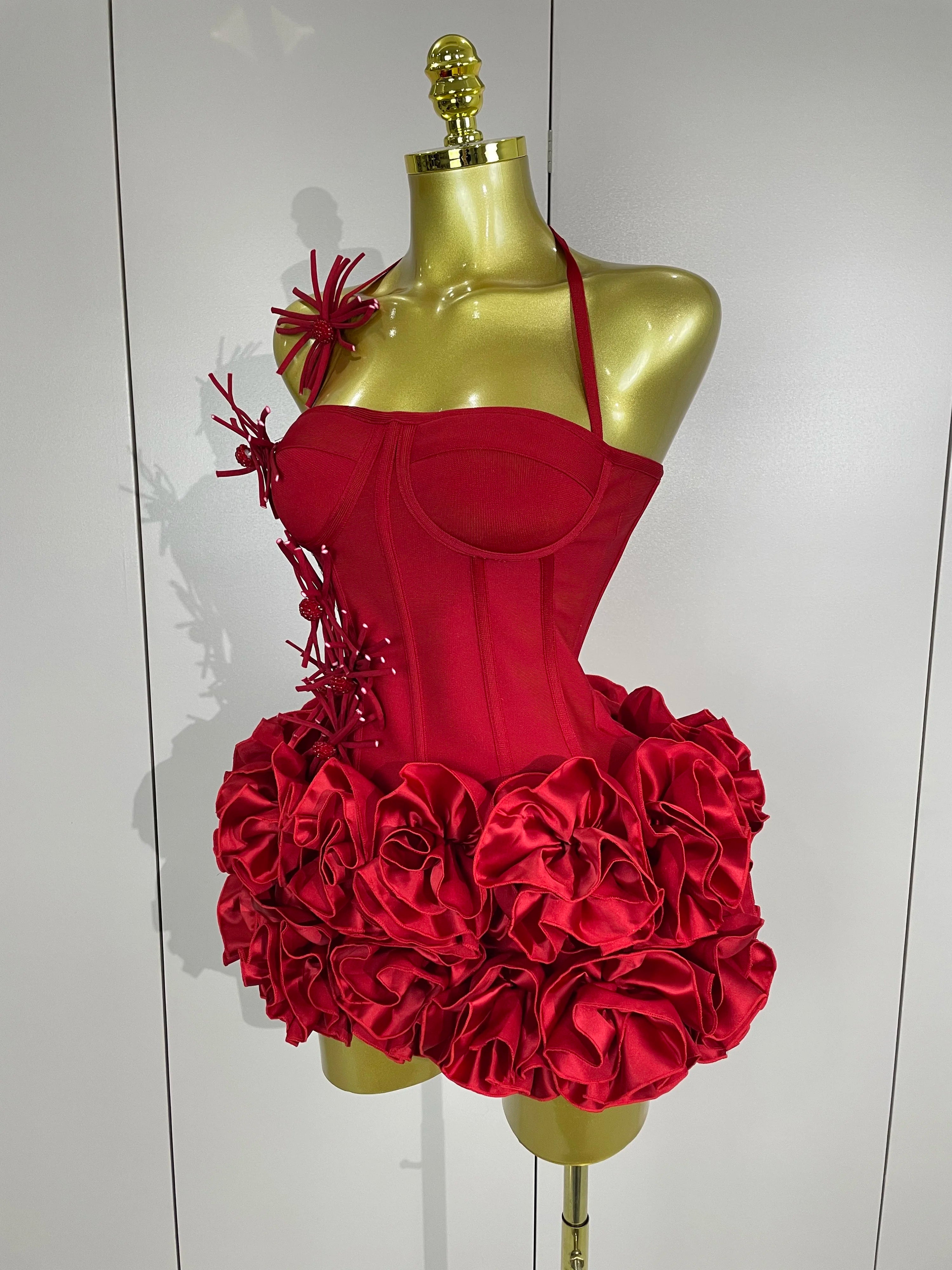 3D Rose Petal Skirt Strapless Mini Dress | Pageant | Stage