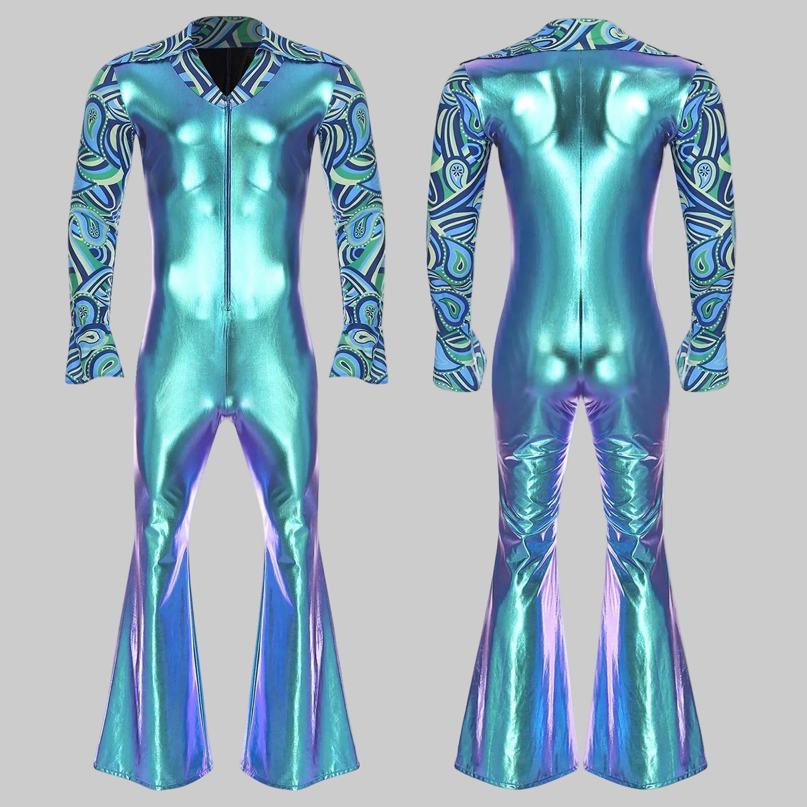 Men's 80s Disco Metallic Jumpsuit - Bell Bottom Performance Romper