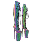 10-Inch Holographic Platform Boots - Thigh-High Reflective Dance Boots