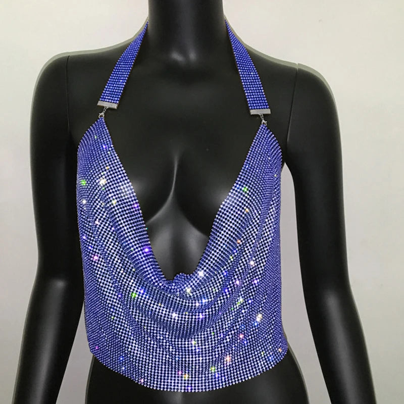 Rhinestone Sequin Deep V Halter Crop Top - Backless Diamond Tank