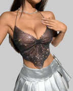Rhinestone Fishnet V-Neck Crop Top - Sheer Backless Tank