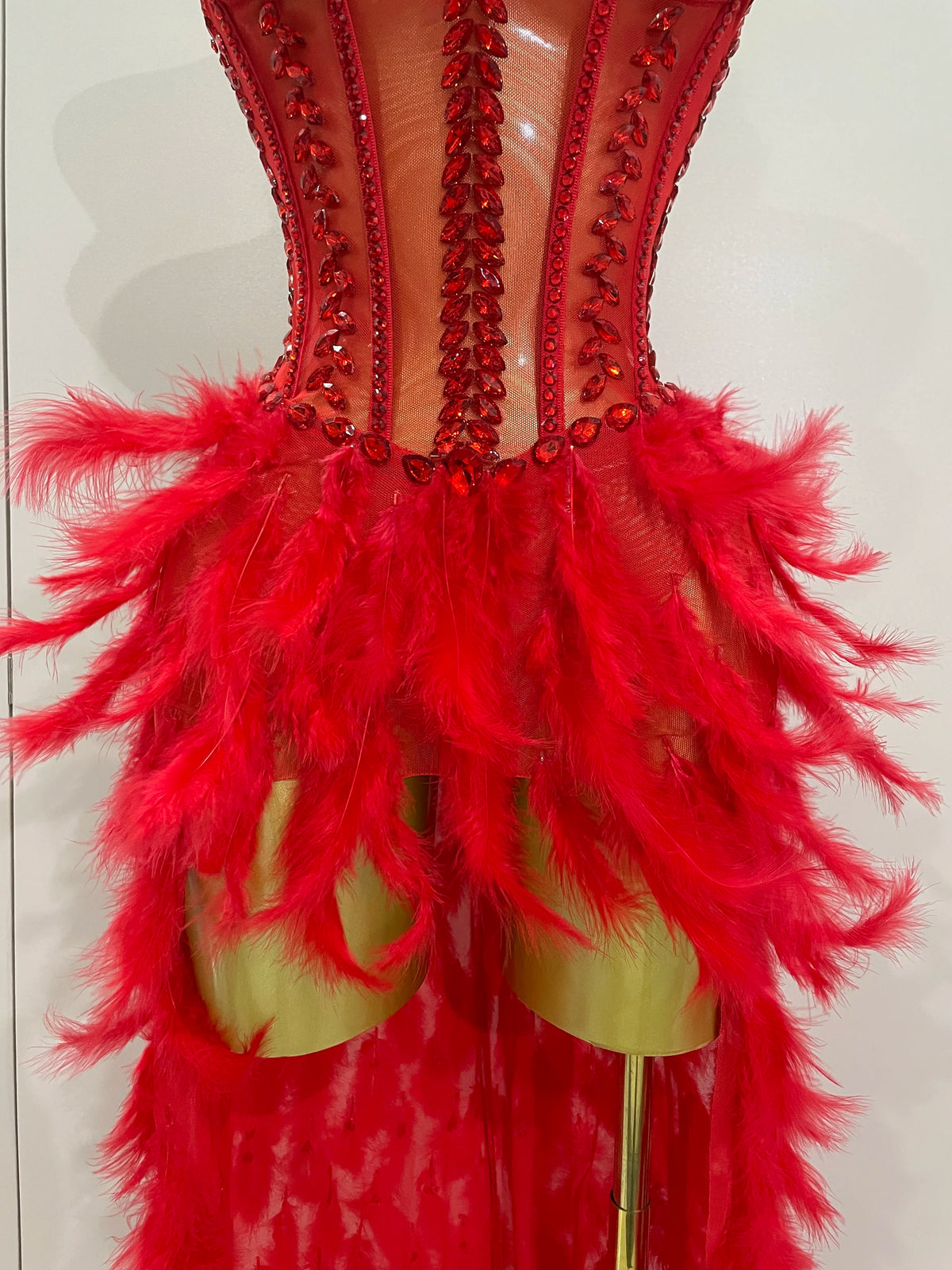 Rhinestone Corset Feather Gown | Long Feather Train | Red, Black & White