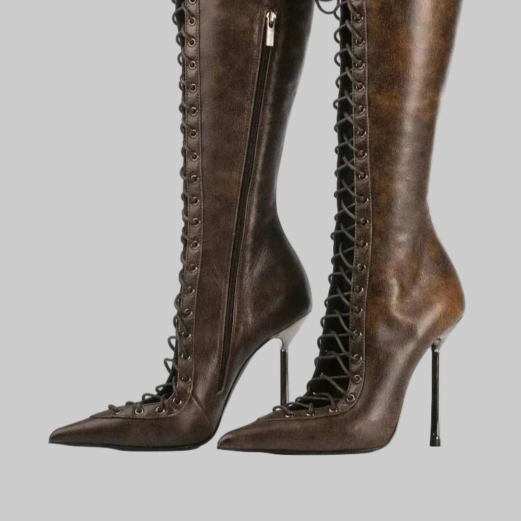 Mesh Lace-Up Knee-High Boots - Pointed Toe Stiletto Heels for Stage & Performance