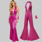 70s Disco Bell-Bottom Jumpsuit - Deep V-Neck Performance Bodysuit
